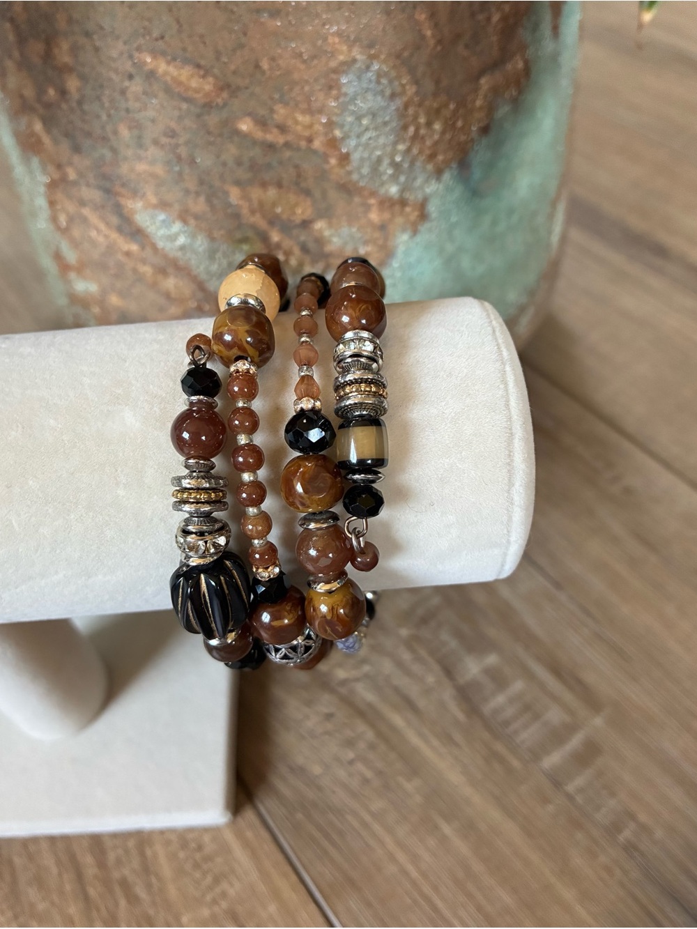 Layered Brown, Black & Neutral-Tone Beaded Multi-Strand Wrap Bracelet